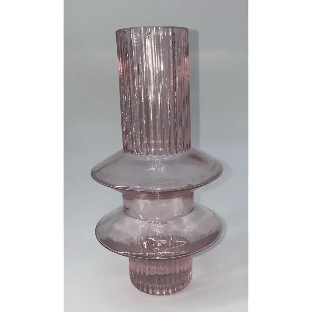 Vintage pink glass vase unusual shape fluted stem 9” Tall